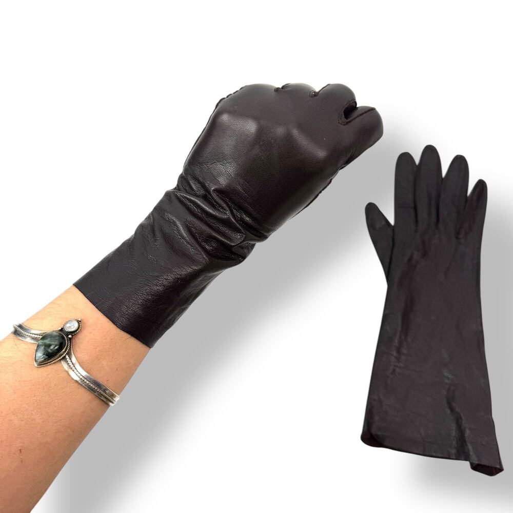 ❌SOLD❌1950's French designer black brown kid goat skin leather long gloves - Picture 11 of 14